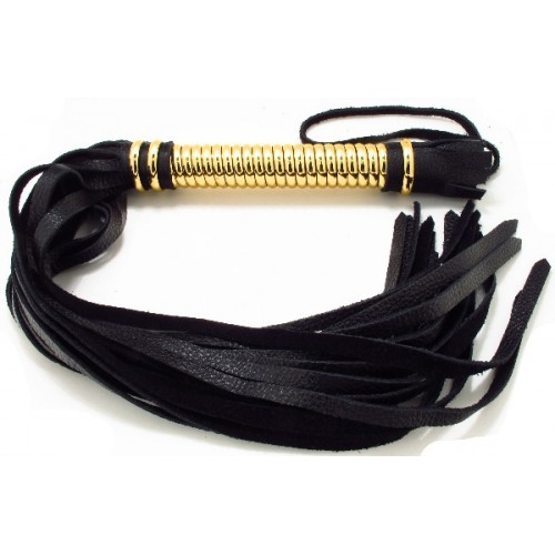 Чёрная кожаная плетка с золотистой рукоятью - 45 см. (БДСМ Арсенал 54013ars)