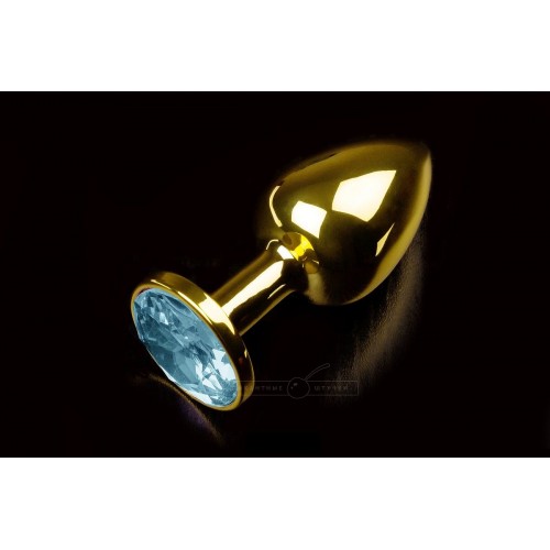 Маленькая золотистая анальная пробка с круглым кончиком и голубым кристаллом - 7 см. (Пикантные штучки DPRSG252WB)