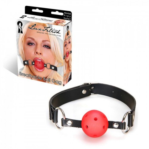 Красный кляп-шарик с отверстиями для дыхания и регулируемым ремешком (Lux Fetish LF4019)