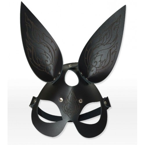 Чёрная кожаная маска с длинными ушками и эффектом тату (Sitabella 3186-1g)