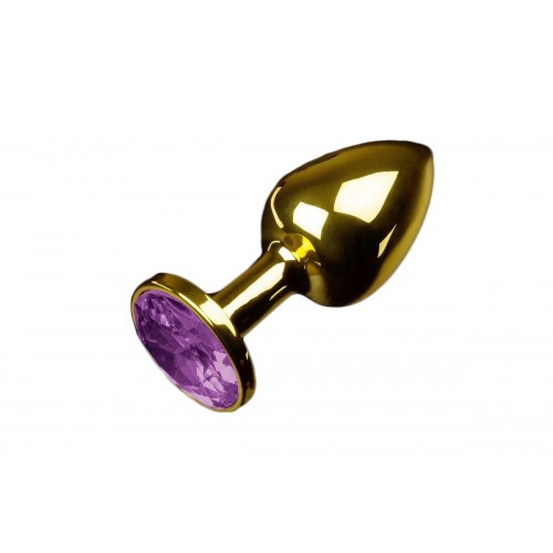 Маленькая золотистая анальная пробка с круглым кончиком и фиолетовым кристаллом - 7 см. (Пикантные штучки DPRSG252PUR)