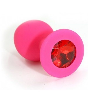 Розовая силиконовая анальная пробка с красным кристаллом - 7 см.