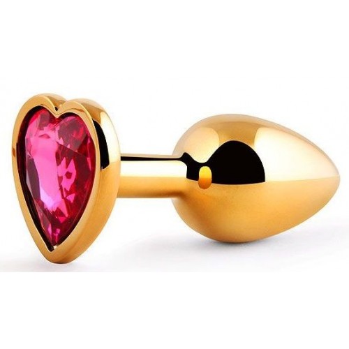 Золотистая анальная пробка с малиновым кристаллом-сердечком - 7 см. (Anal Jewelry Plug SCHG-14)