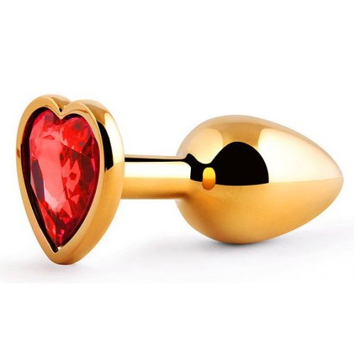 Золотистая анальная пробка с красным стразом-сердечком - 7 см. (Anal Jewelry Plug SCHG-16)