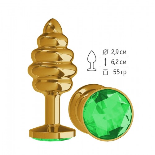 Золотистая пробка с рёбрышками и зеленым кристаллом - 7 см. (Джага-Джага 512-03 green-DD)