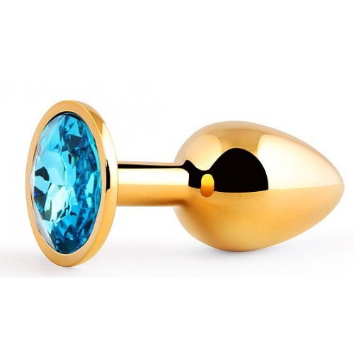 Золотистая анальная пробка с голубым стразом - 7,2 см. (Anal Jewelry Plug GS-05)